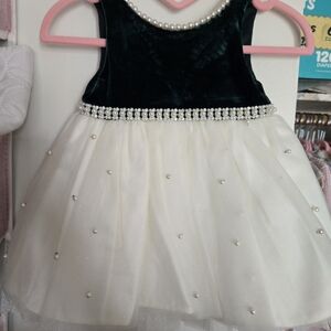 Velvet Pearl-Trim Tulle Dress - Emerald & Ivory